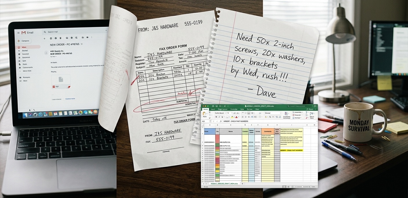 Collage showing the variety of order formats - email with PDF attachment, a faxed order form, a handwritten note, a messy Excel spreadsheet.
